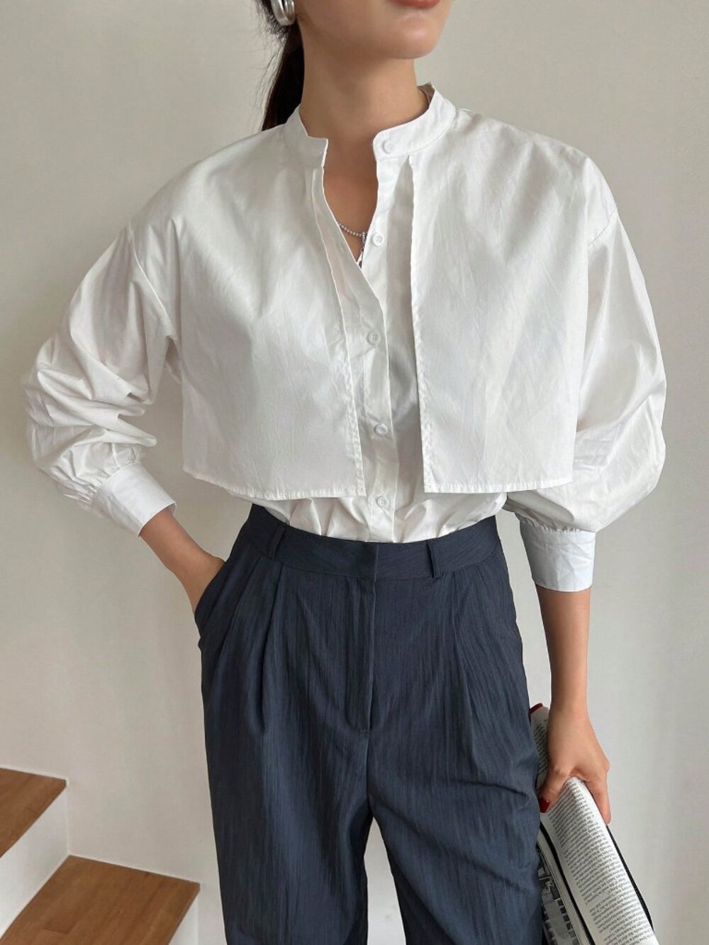 White Casual Oversized Drop Shoulder Button Stand Collar Long Sleeve Shirt - Picture 3 of 12